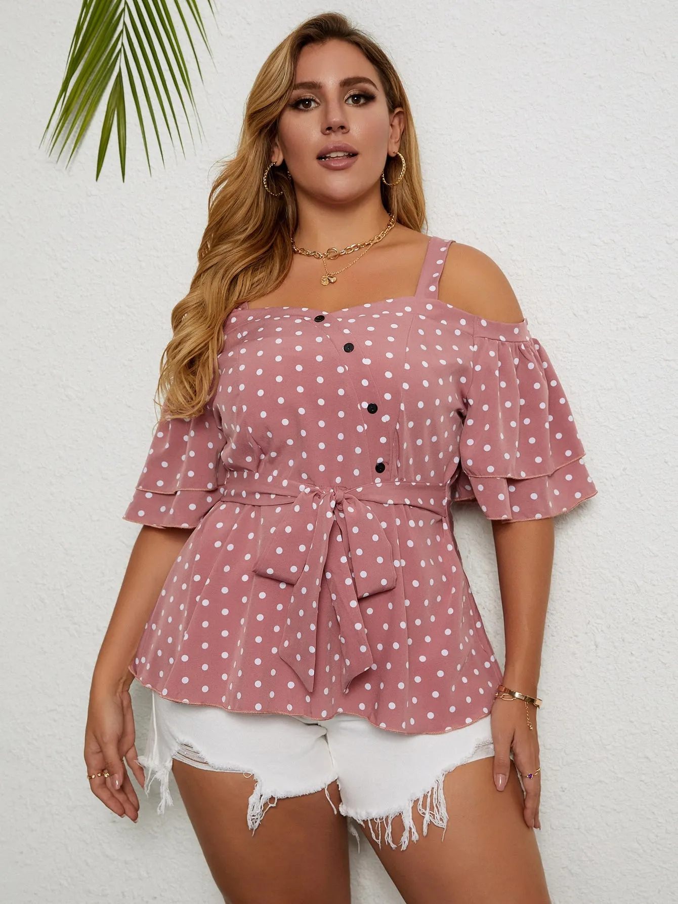 Polka Dot Button Front Half Sleeve Cold Shoulder Regular Plus Size Blouse