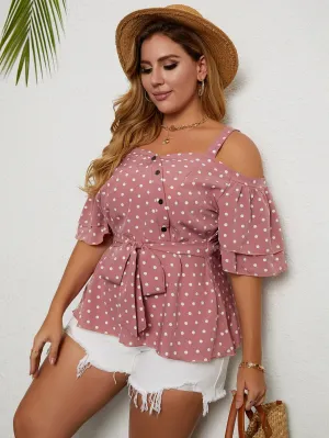 Polka Dot Button Front Half Sleeve Cold Shoulder Regular Plus Size Blouse
