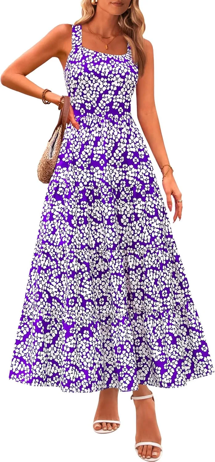 PRETTYGARDEN Women's Summer Floral Maxi Dress Sleeveless Smocked Ruffle Long Flowy Beach Vacation Boho Sundresses