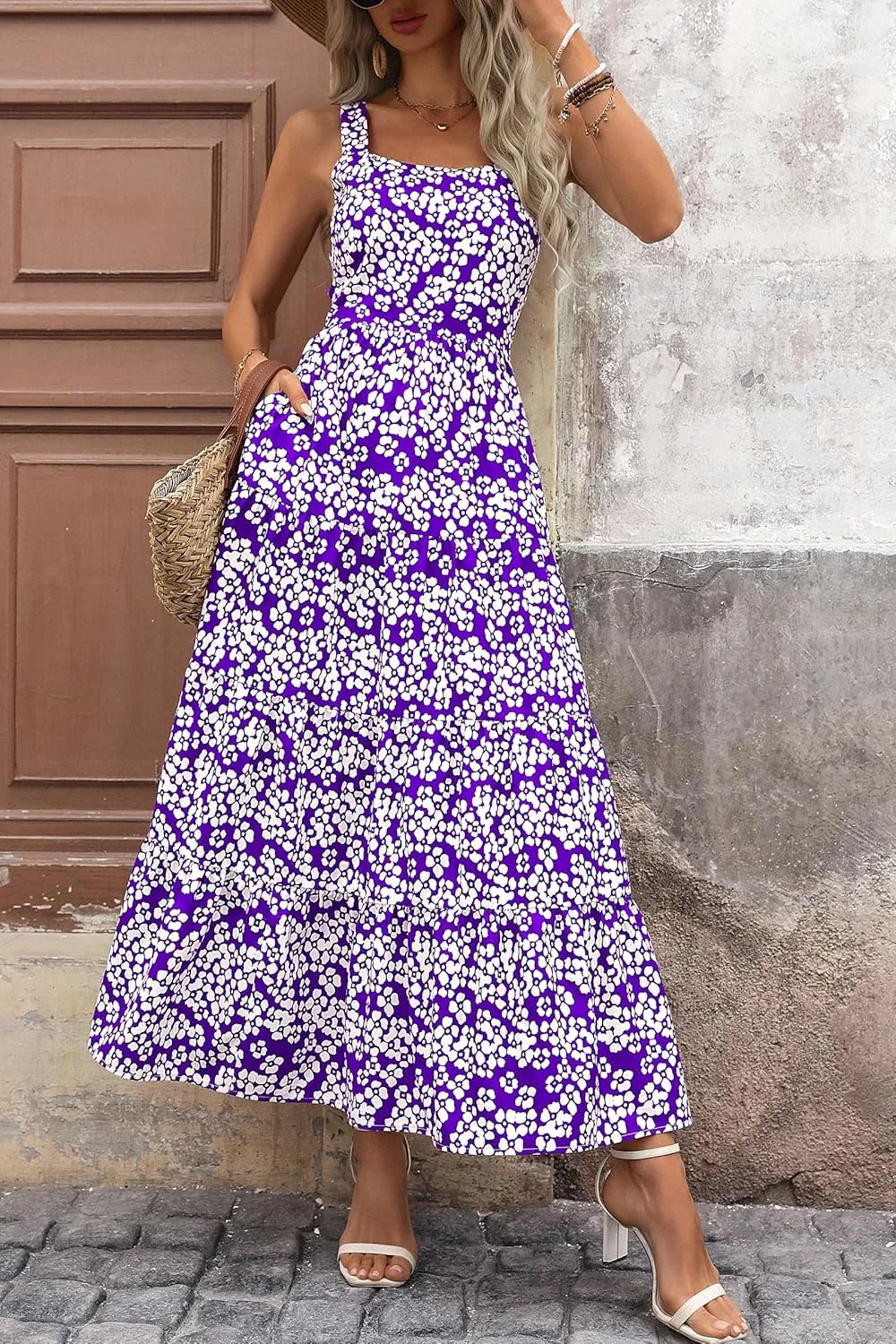 PRETTYGARDEN Women's Summer Floral Maxi Dress Sleeveless Smocked Ruffle Long Flowy Beach Vacation Boho Sundresses