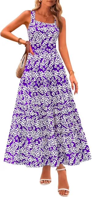 PRETTYGARDEN Women's Summer Floral Maxi Dress Sleeveless Smocked Ruffle Long Flowy Beach Vacation Boho Sundresses