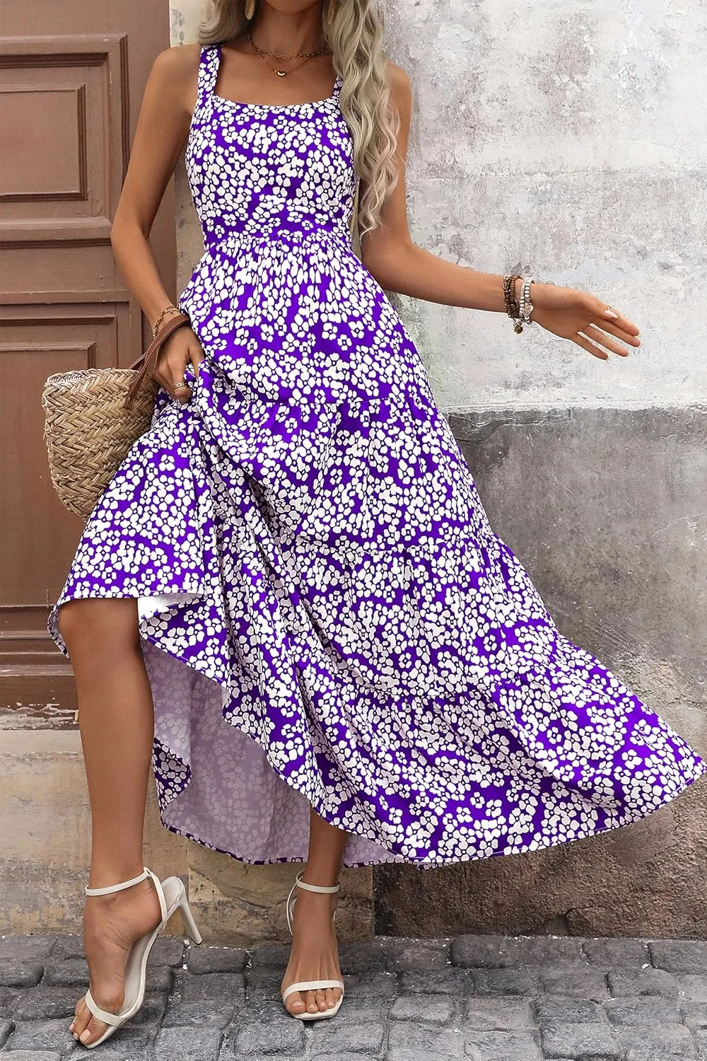 PRETTYGARDEN Women's Summer Floral Maxi Dress Sleeveless Smocked Ruffle Long Flowy Beach Vacation Boho Sundresses