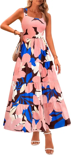 PRETTYGARDEN Women's Summer Floral Maxi Dress Sleeveless Smocked Ruffle Long Flowy Beach Vacation Boho Sundresses