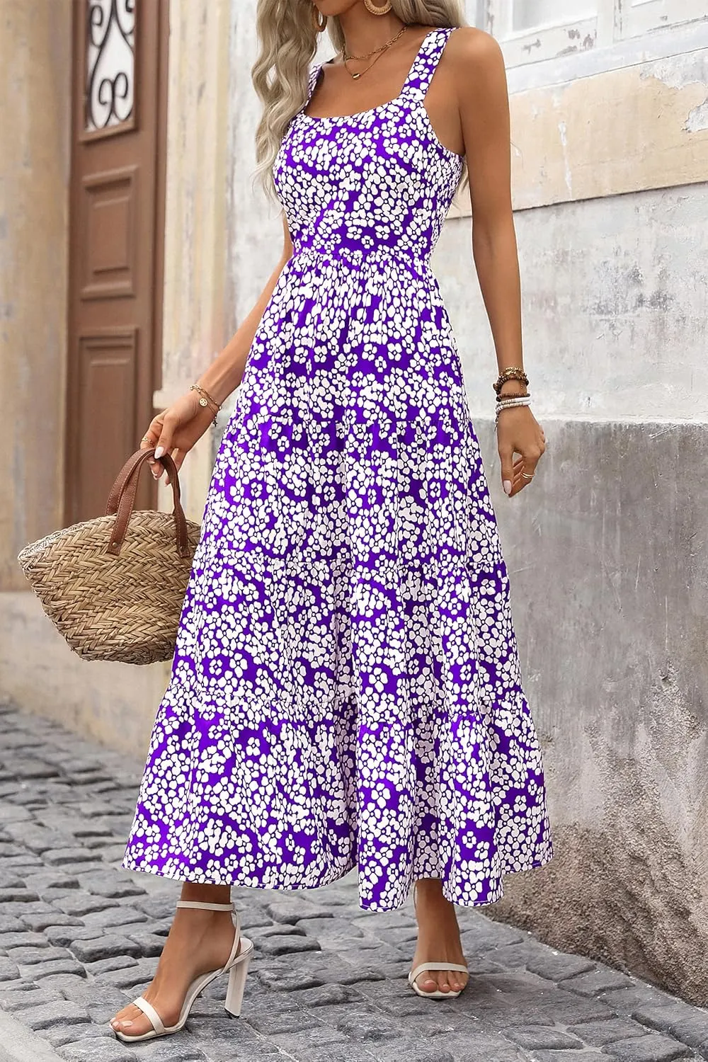 PRETTYGARDEN Women's Summer Floral Maxi Dress Sleeveless Smocked Ruffle Long Flowy Beach Vacation Boho Sundresses