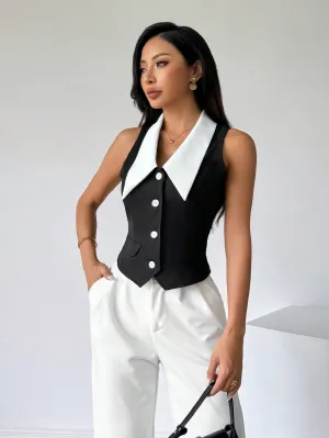 Privé Women's Color Block Sleeveless Shirt With Front Button Closure,Work Women Shirts. Elegant Style For Summer.Old Money.Teacher Clothes.Business Casual Women.
