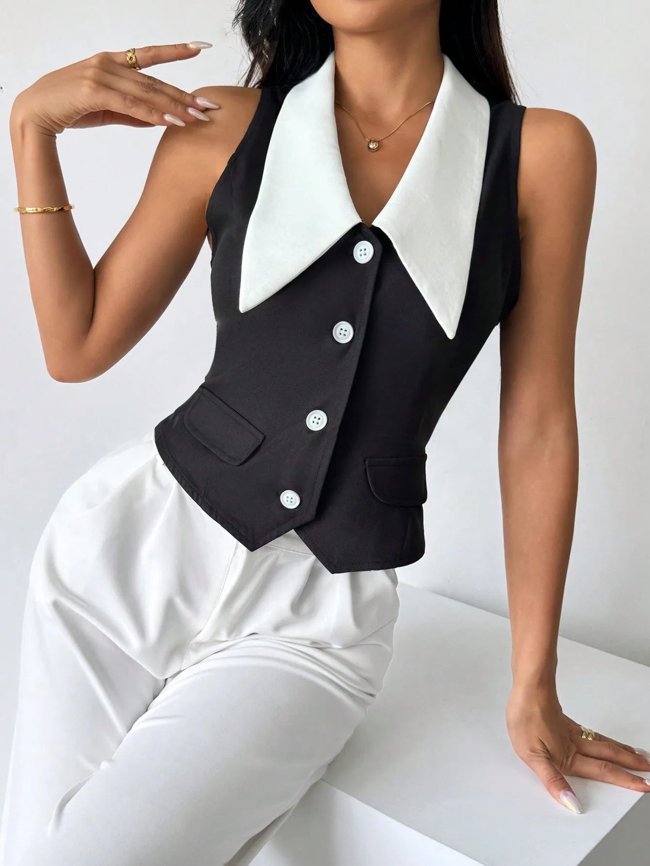 Privé Women's Color Block Sleeveless Shirt With Front Button Closure,Work Women Shirts. Elegant Style For Summer.Old Money.Teacher Clothes.Business Casual Women.