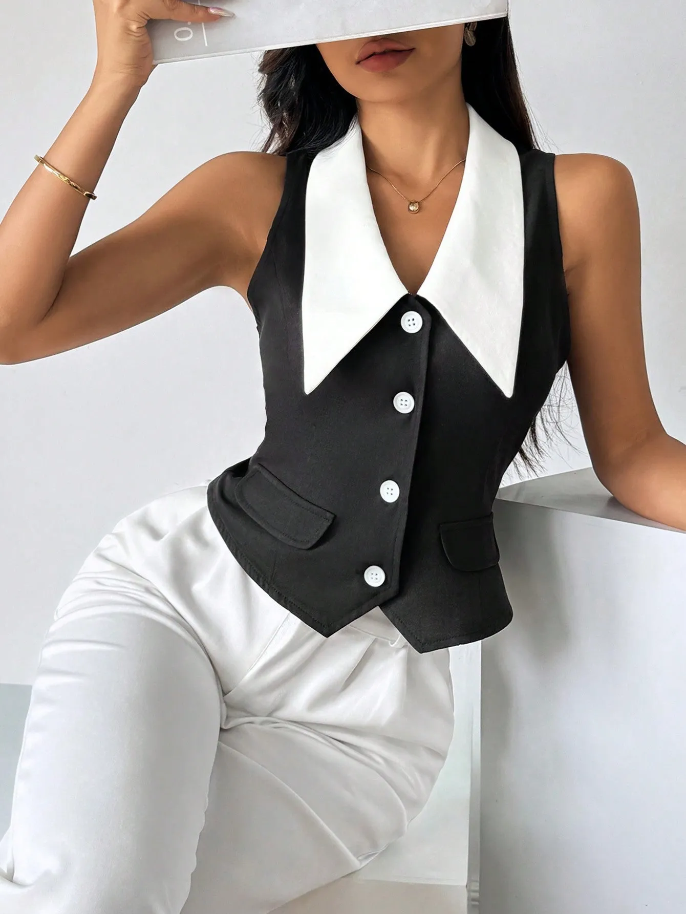 Privé Women's Color Block Sleeveless Shirt With Front Button Closure,Work Women Shirts. Elegant Style For Summer.Old Money.Teacher Clothes.Business Casual Women.