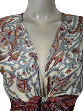 Red White Palazzo Pant with Bell Sleeve Tie Top, Recycle Silk 2 Piece Outfit, Matching Set, S/M