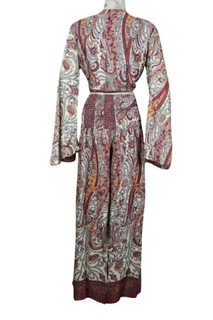 Red White Palazzo Pant with Bell Sleeve Tie Top, Recycle Silk 2 Piece Outfit, Matching Set, S/M