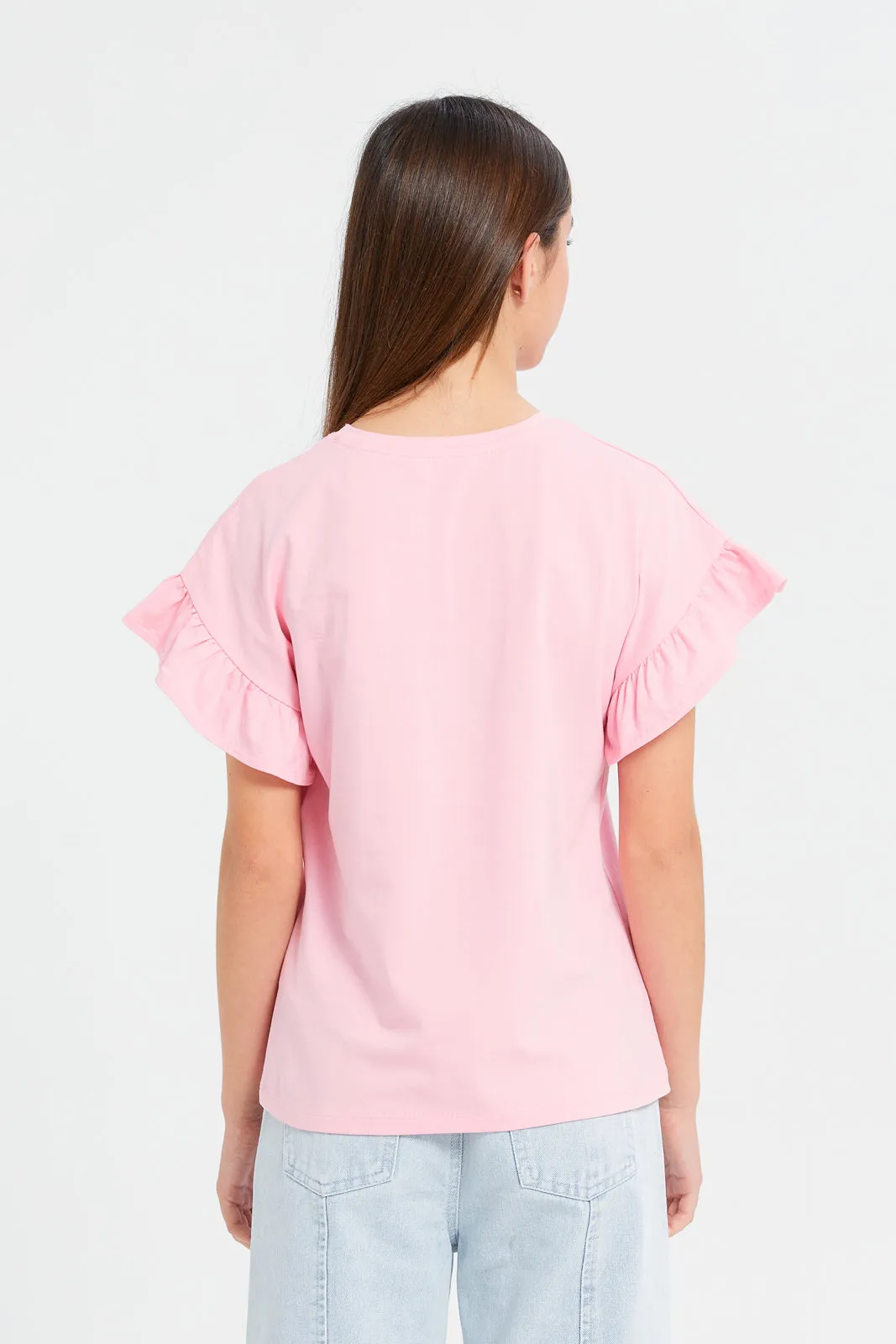Senior Girls Pink Chic Ruffled Sleeve Top