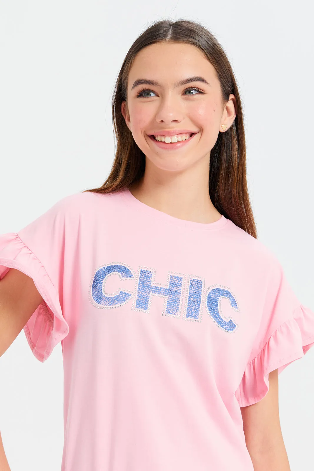 Senior Girls Pink Chic Ruffled Sleeve Top