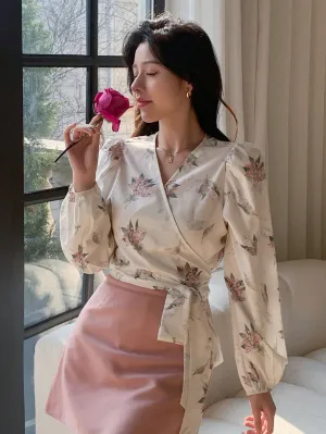 Shein DAZY Floral Print V-Neck Wrap Tie Front Cropped Long Sleeve Shirt