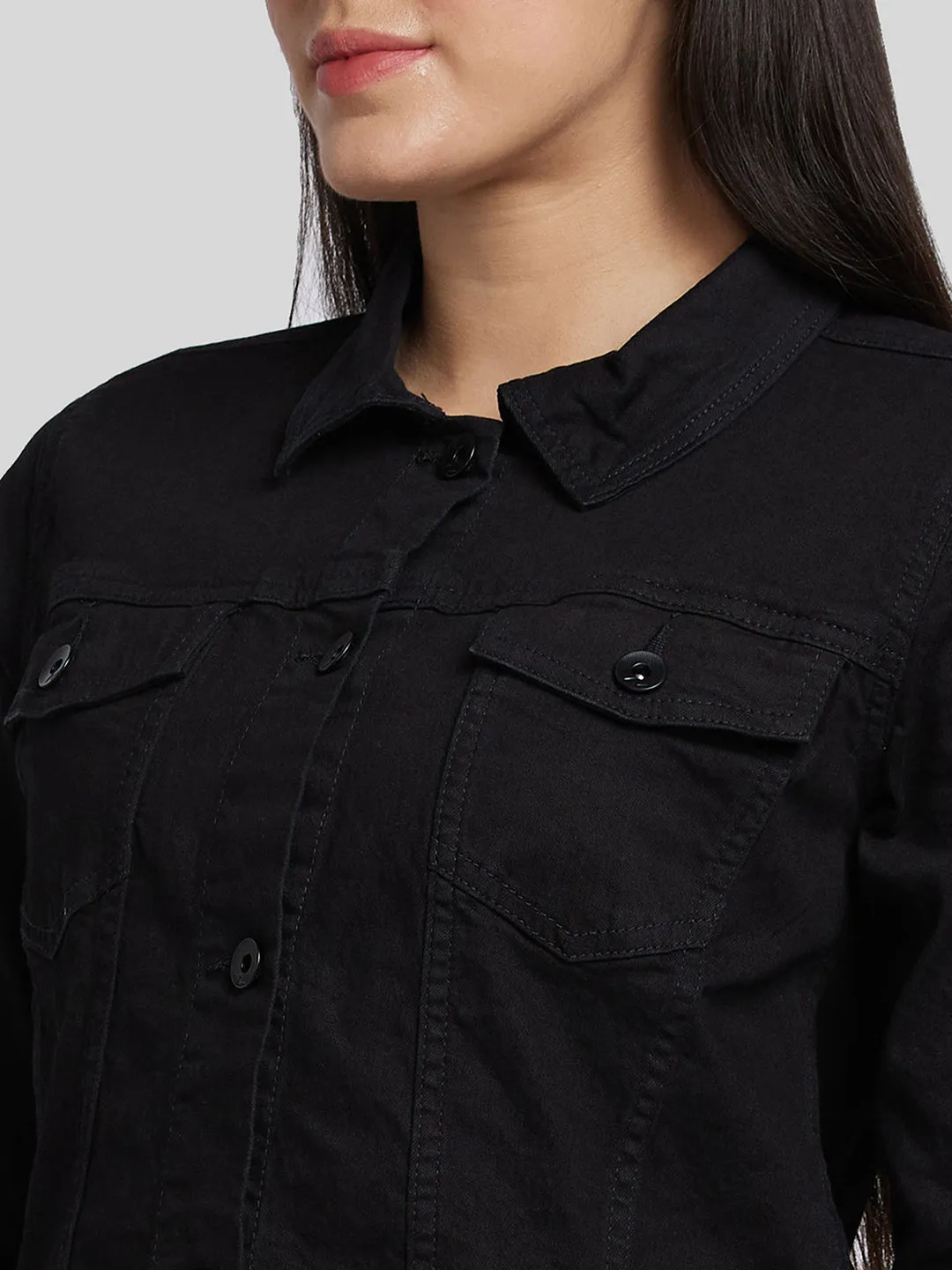 Spykar Women Black Lycra Regular Fit Denim Jacket