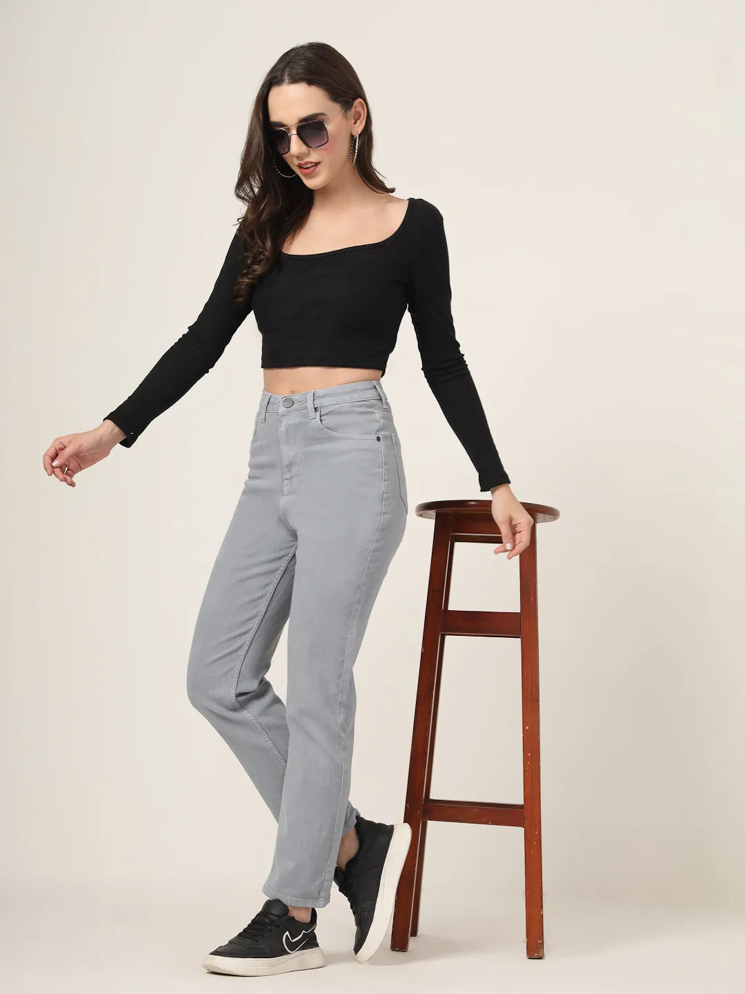Style Quotient Women Grey Straight Fit High Rise Stretchable Jeans