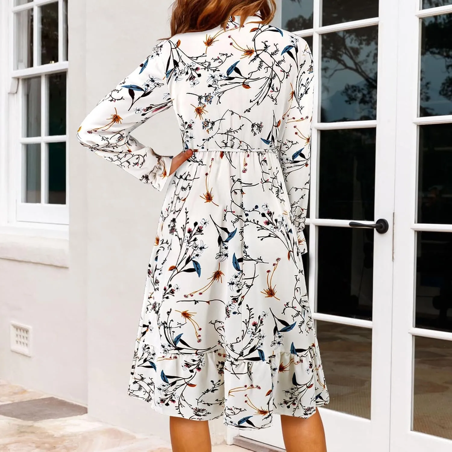 Summer Dresses for Women 2025 Trendy Bohemian Style Floral Midi Dress Long Sleeve Round-Neck Beach Casual Sundress