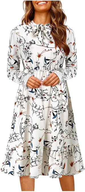 Summer Dresses for Women 2025 Trendy Bohemian Style Floral Midi Dress Long Sleeve Round-Neck Beach Casual Sundress