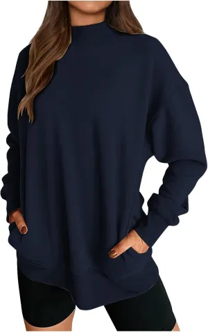 Trendy Sweatshirt for Women with Pockets Stretchy Mock Neck Tops Drop Shoulder Solid Color Pullover Hoodie Y2K