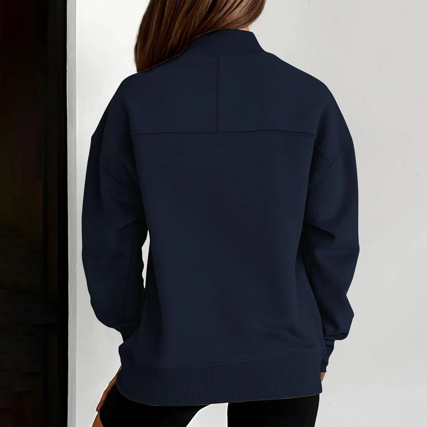 Trendy Sweatshirt for Women with Pockets Stretchy Mock Neck Tops Drop Shoulder Solid Color Pullover Hoodie Y2K