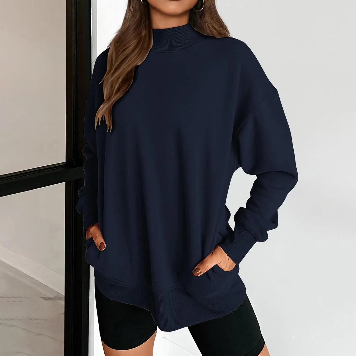 Trendy Sweatshirt for Women with Pockets Stretchy Mock Neck Tops Drop Shoulder Solid Color Pullover Hoodie Y2K
