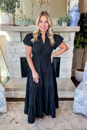 V Neck Bubble Sleeve Tiered Maxi Dress in Black