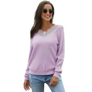 V-neck Ribbed Lace Pullover Sweater