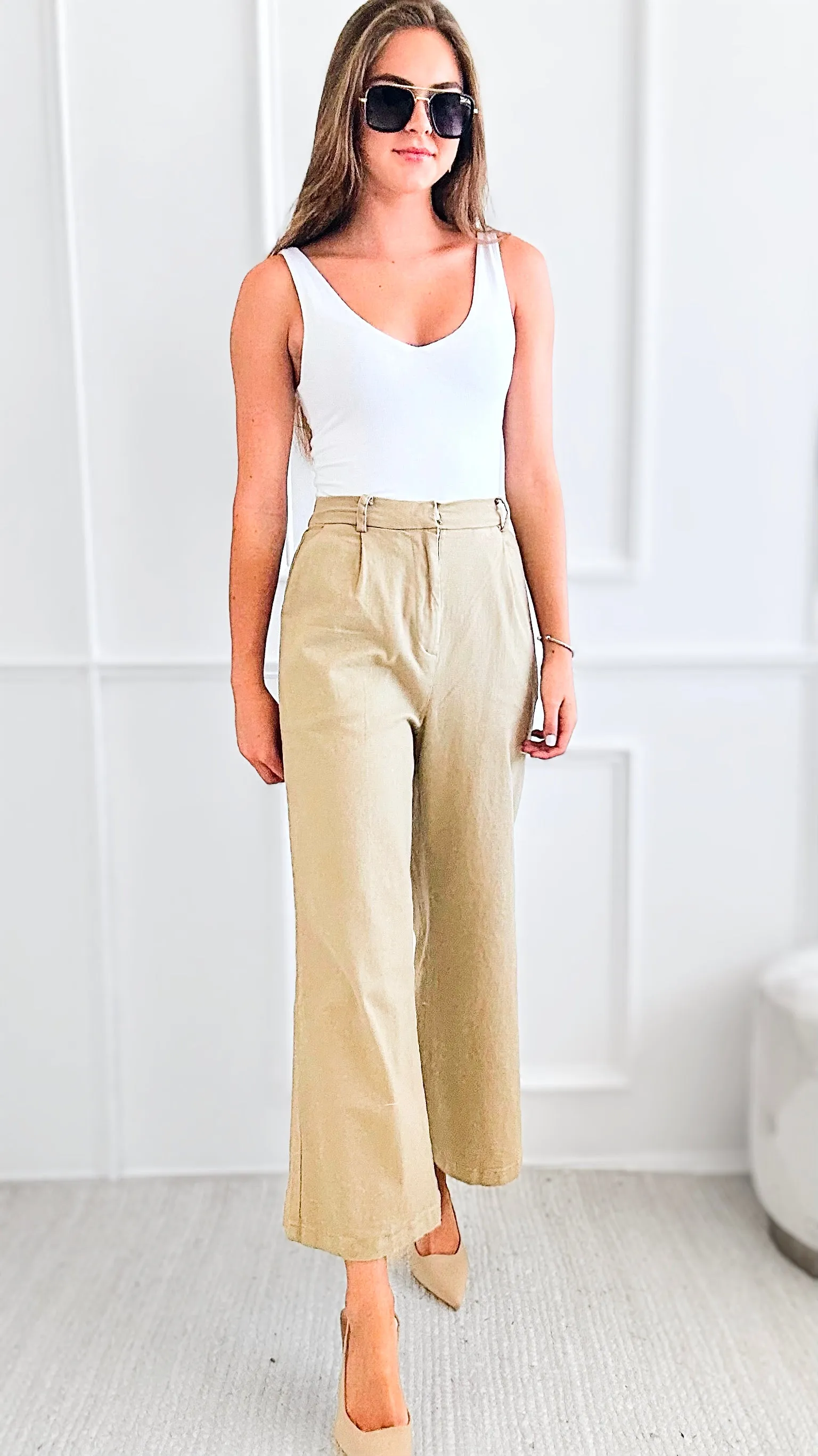 Waist Pleats Mid-Rise Pants-Beige