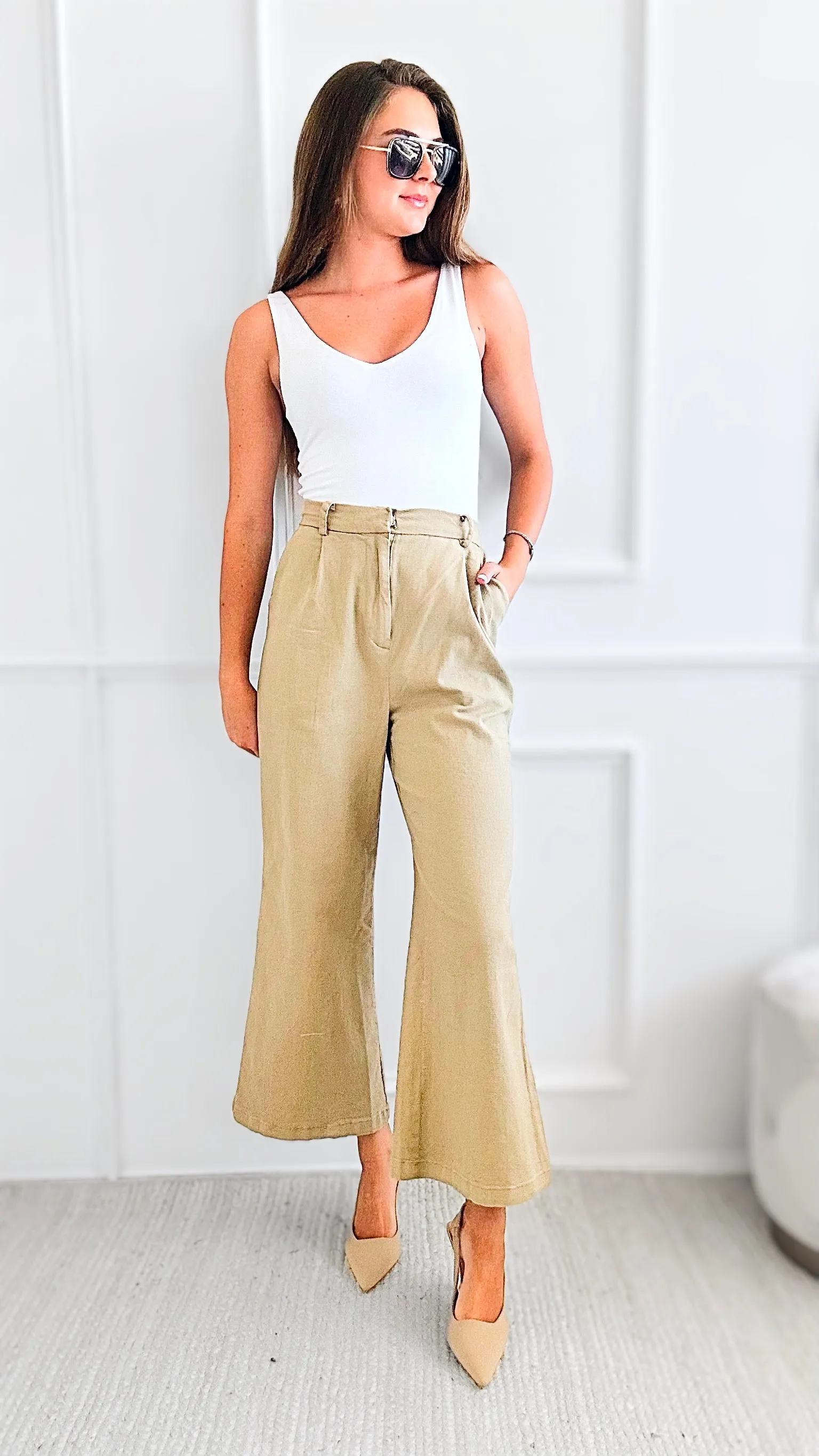 Waist Pleats Mid-Rise Pants-Beige