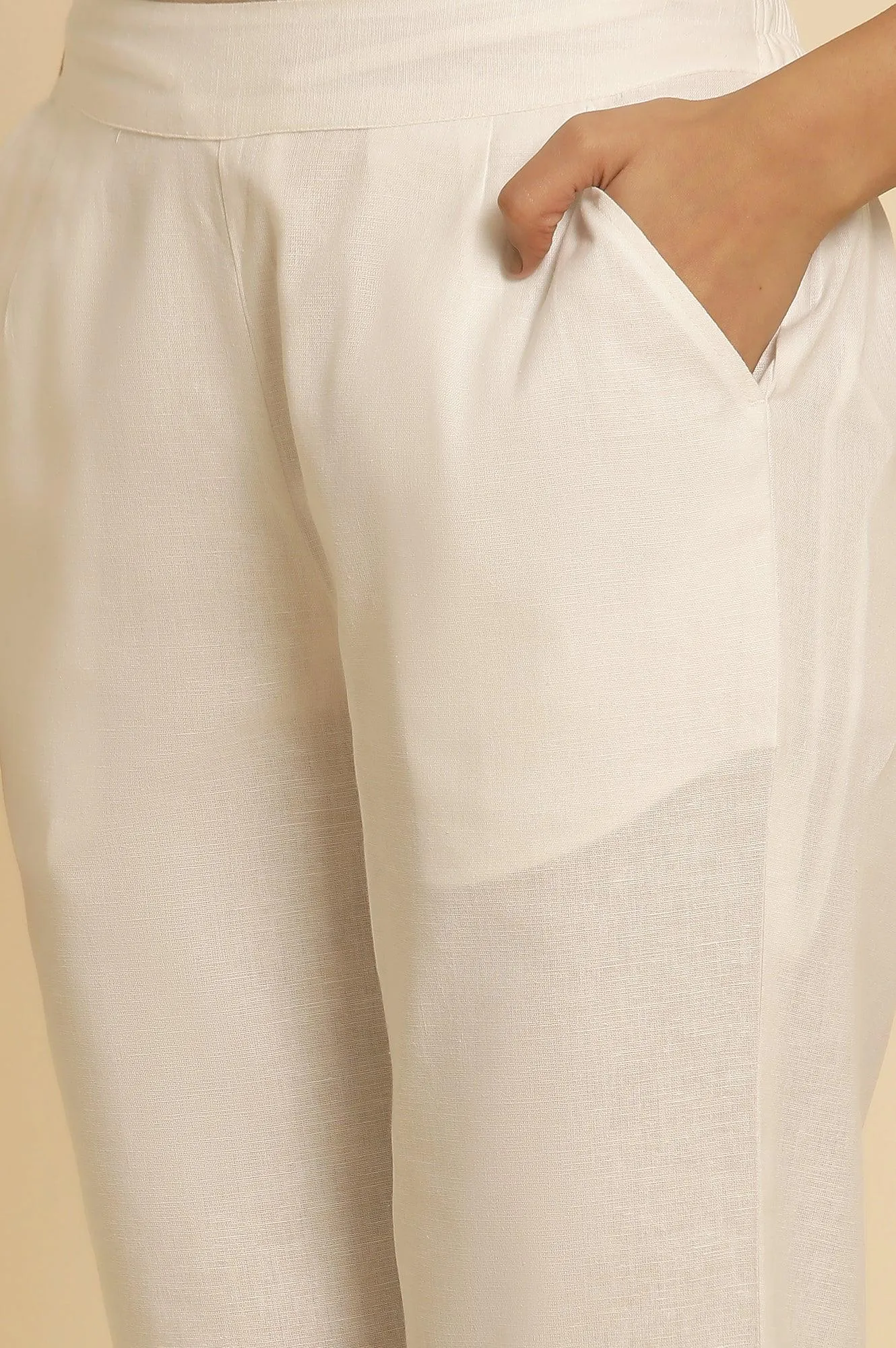 White Cotton Flax Straight Pants