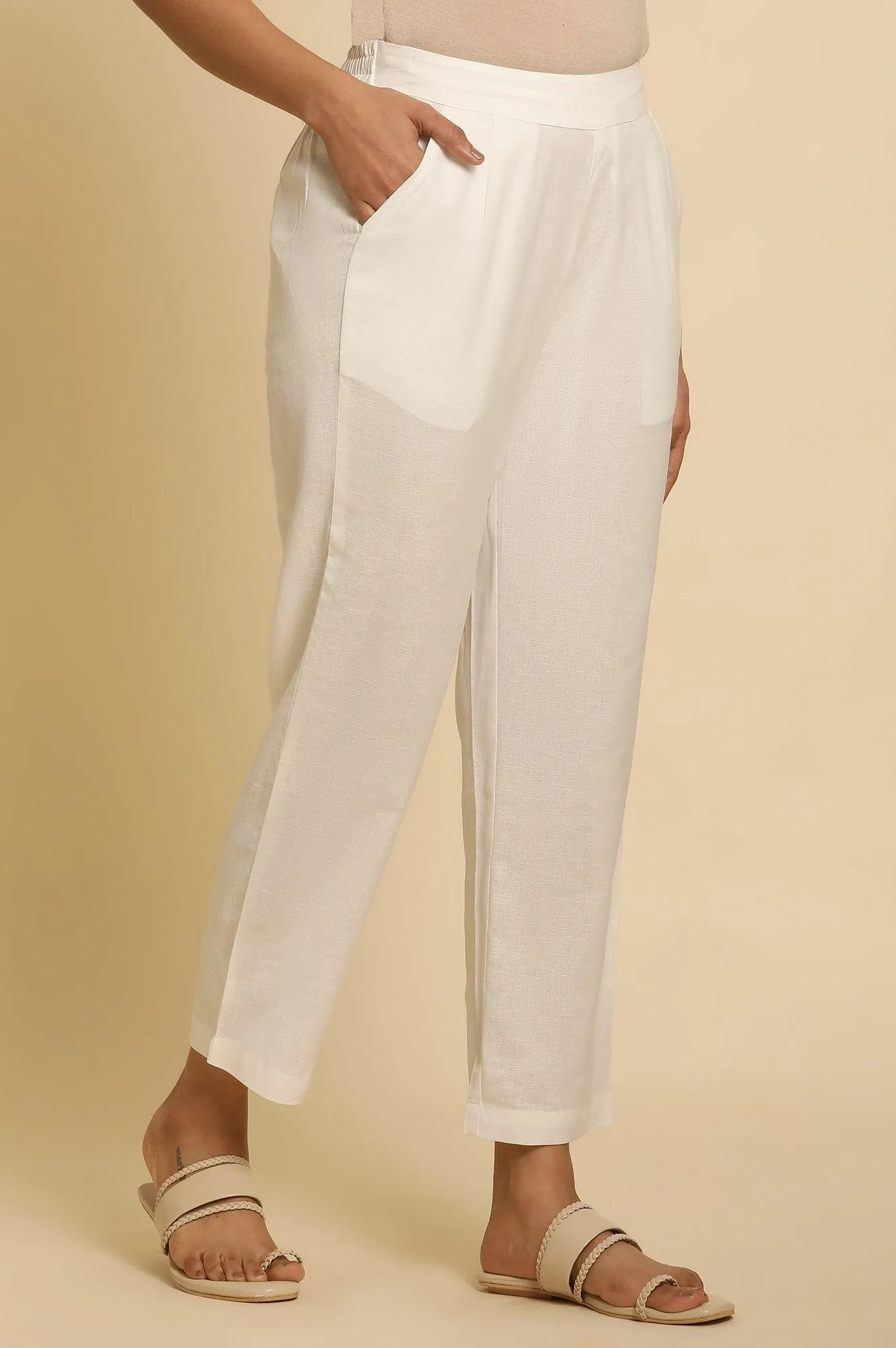 White Cotton Flax Straight Pants