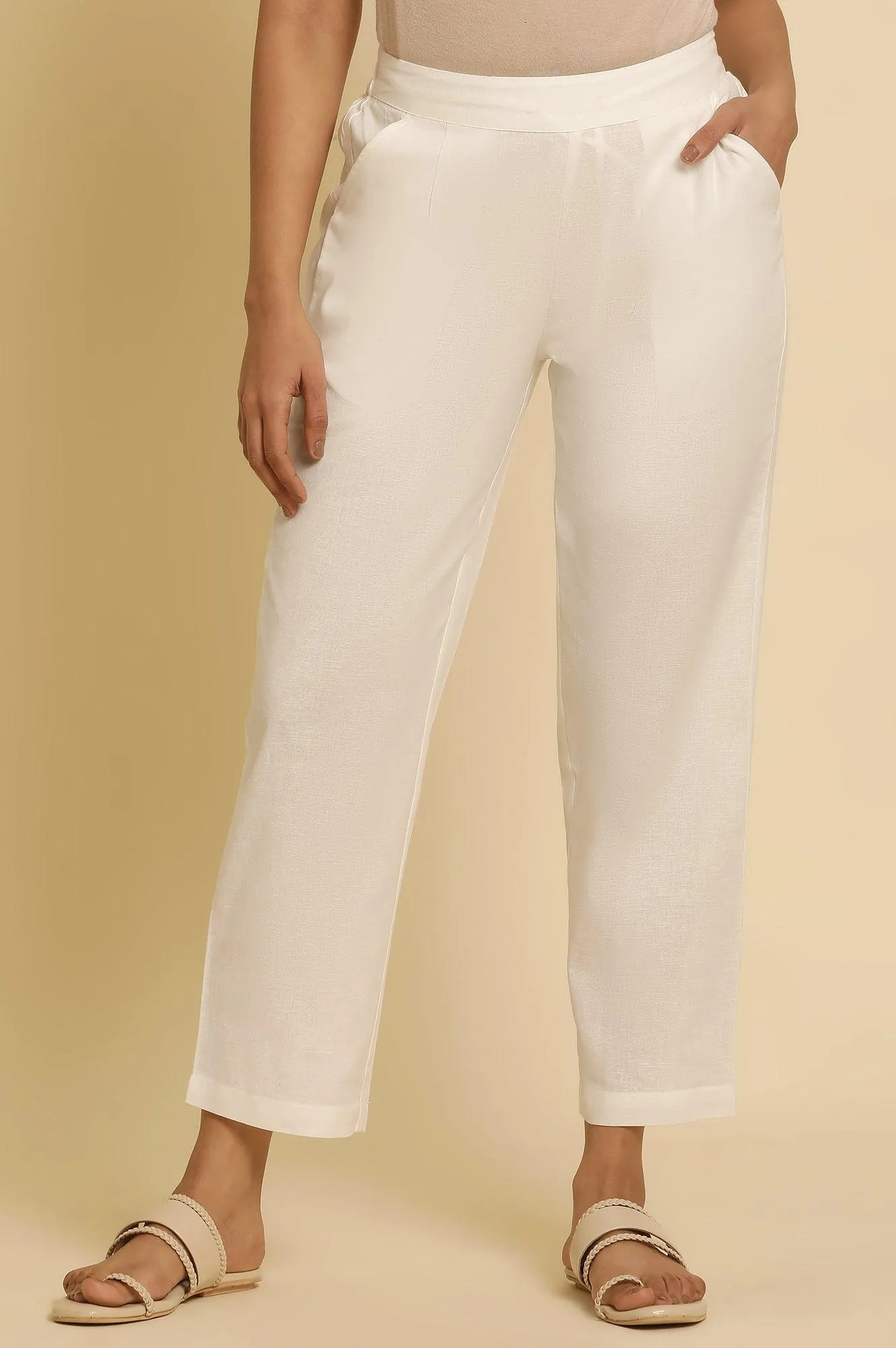 White Cotton Flax Straight Pants
