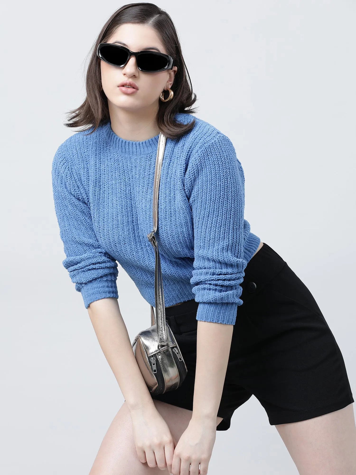 Women Slim Fit Knitted Round Neck Blue Sweater
