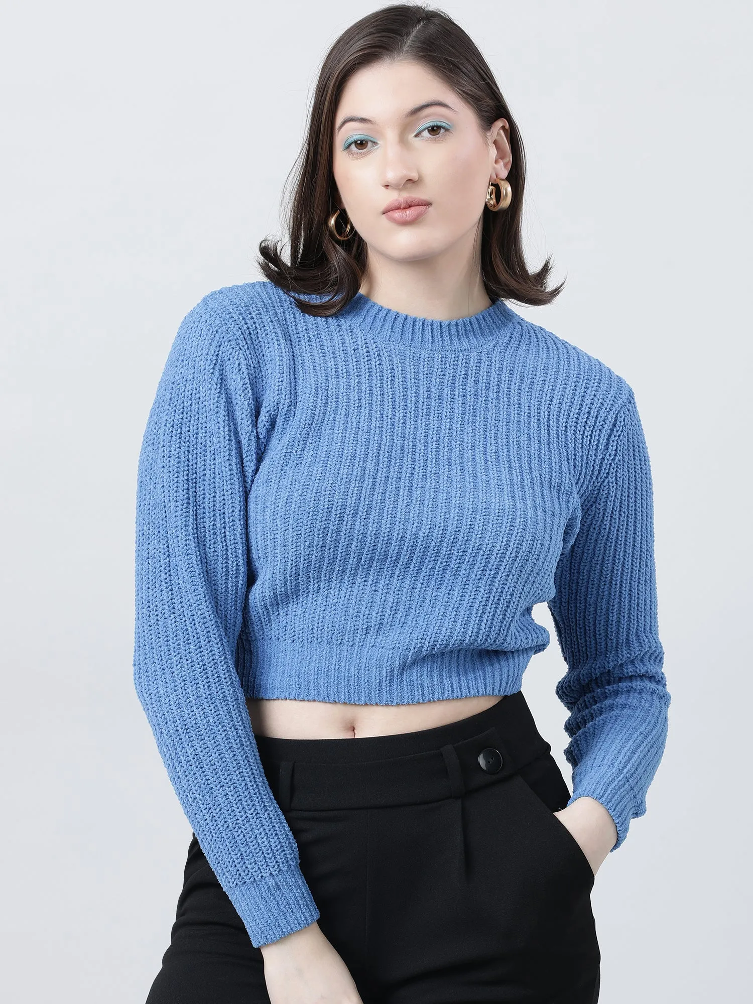 Women Slim Fit Knitted Round Neck Blue Sweater