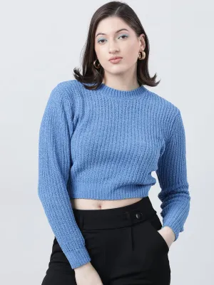 Women Slim Fit Knitted Round Neck Blue Sweater