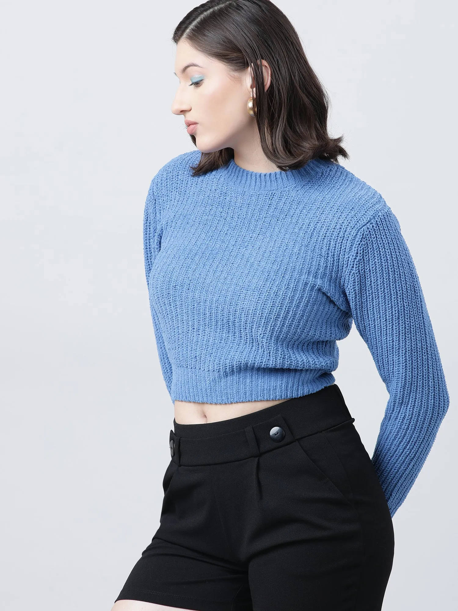 Women Slim Fit Knitted Round Neck Blue Sweater
