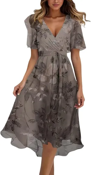Womens Floral Chiffon Dresses Printed V Neck Belted Elegant Boho Summer Dress Wedding Prom Cocktail Midi Dresses