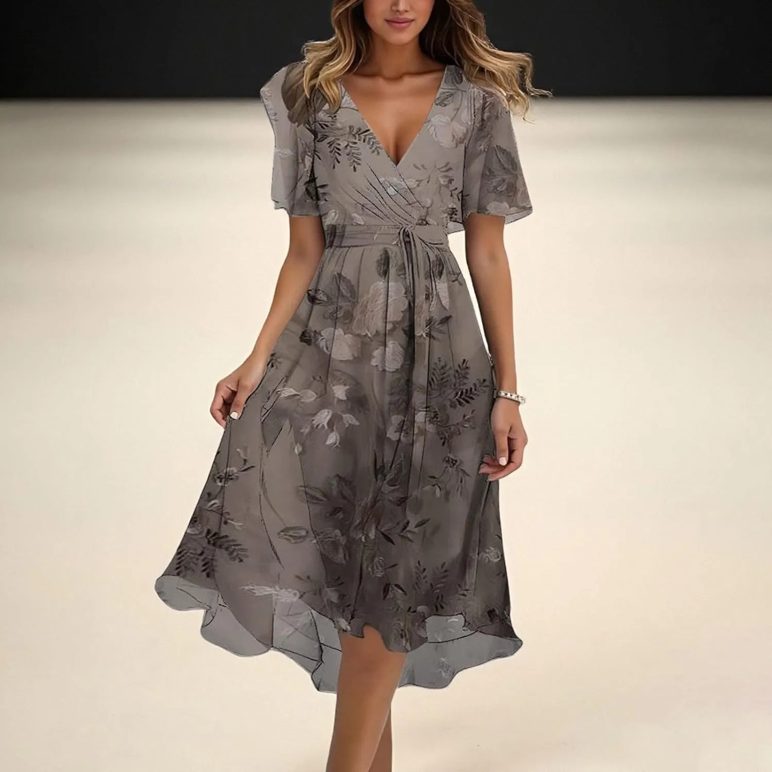 Womens Floral Chiffon Dresses Printed V Neck Belted Elegant Boho Summer Dress Wedding Prom Cocktail Midi Dresses