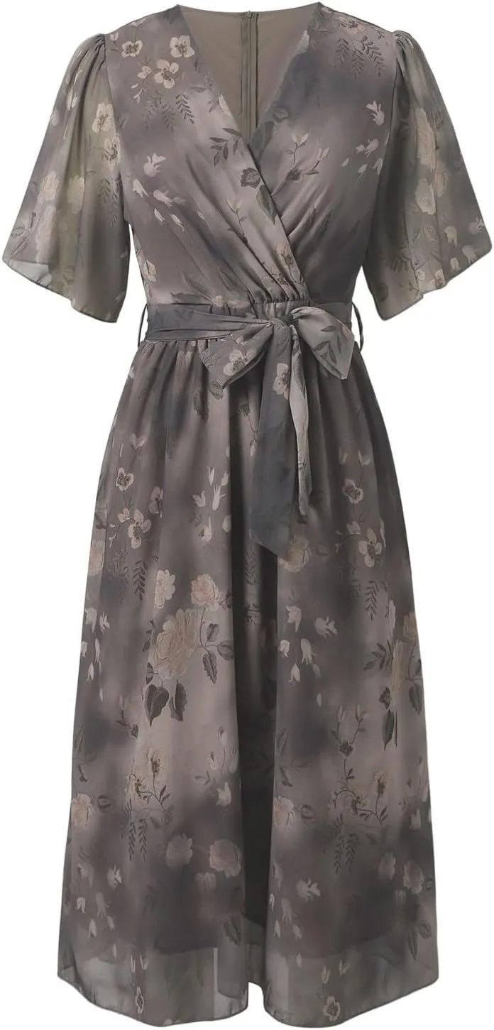 Womens Floral Chiffon Dresses Printed V Neck Belted Elegant Boho Summer Dress Wedding Prom Cocktail Midi Dresses