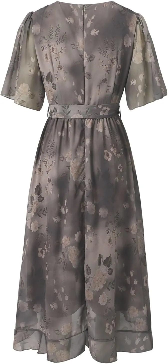 Womens Floral Chiffon Dresses Printed V Neck Belted Elegant Boho Summer Dress Wedding Prom Cocktail Midi Dresses