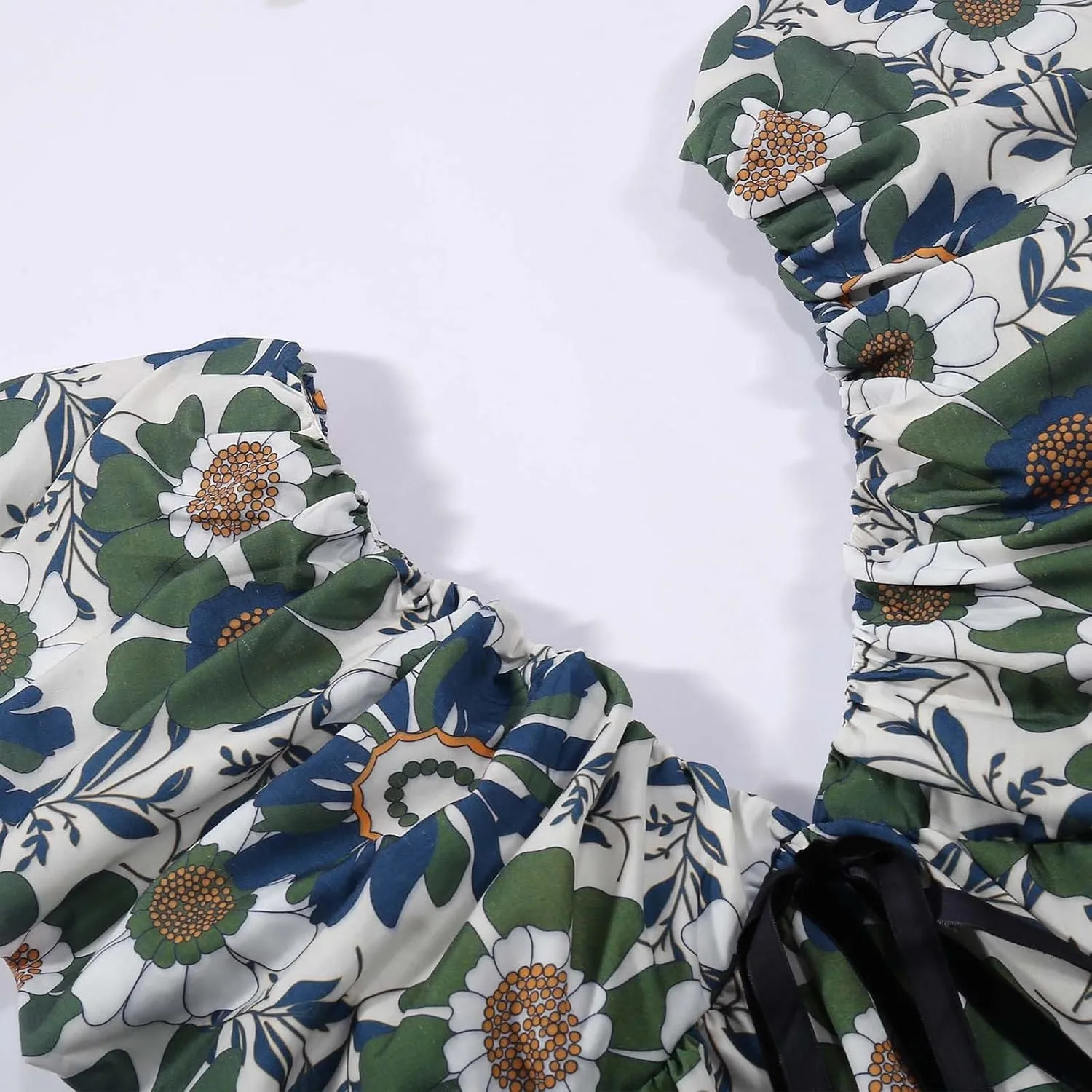Women's Floral Print Mini Dress Backless V Neck Puff Sleeve Flowy Dresses Short Babydoll Bow Shirts Sundress