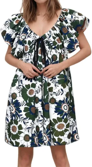 Women's Floral Print Mini Dress Backless V Neck Puff Sleeve Flowy Dresses Short Babydoll Bow Shirts Sundress