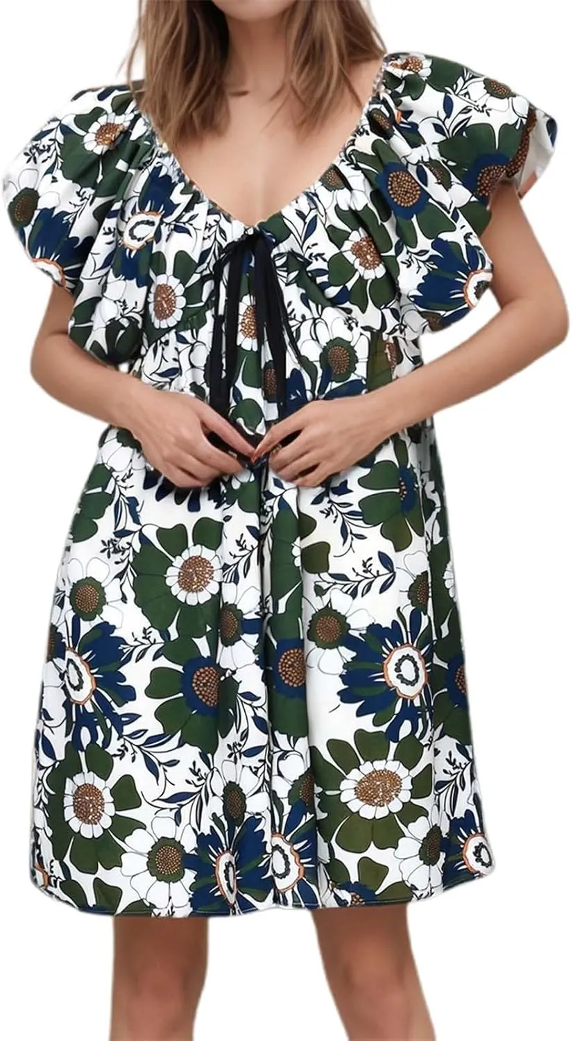 Women's Floral Print Mini Dress Backless V Neck Puff Sleeve Flowy Dresses Short Babydoll Bow Shirts Sundress