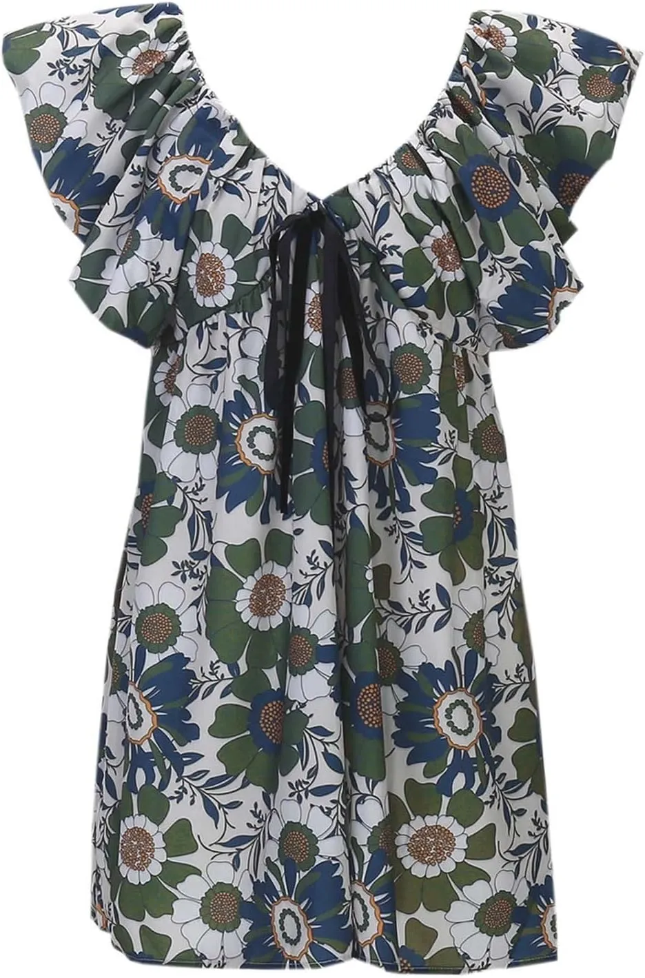 Women's Floral Print Mini Dress Backless V Neck Puff Sleeve Flowy Dresses Short Babydoll Bow Shirts Sundress