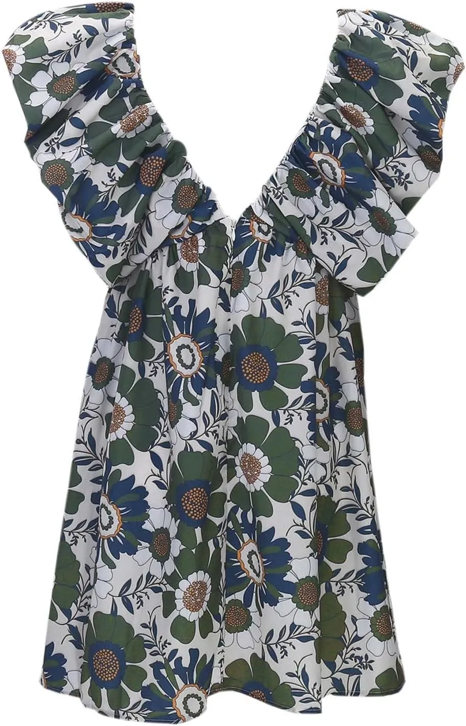 Women's Floral Print Mini Dress Backless V Neck Puff Sleeve Flowy Dresses Short Babydoll Bow Shirts Sundress