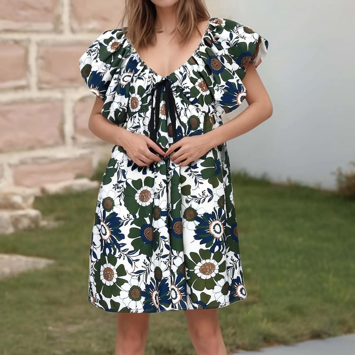 Women's Floral Print Mini Dress Backless V Neck Puff Sleeve Flowy Dresses Short Babydoll Bow Shirts Sundress