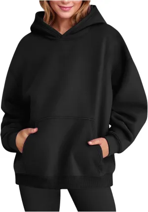 Womens Hoodies Oversized Sweatshirt Casual Fleece Pullover Top Solid Color Soft Hoodie With Pocket 2024 Fall Trendy Top