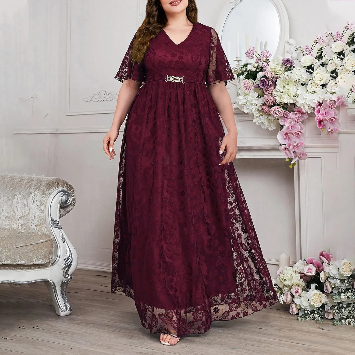 Women's Plus Size Lace Dresses V Neck Formal Dresses Evening Gowns Wedding Guest Embroidery Prom Long Dress