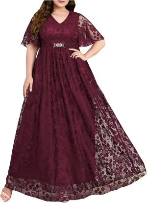 Women's Plus Size Lace Dresses V Neck Formal Dresses Evening Gowns Wedding Guest Embroidery Prom Long Dress