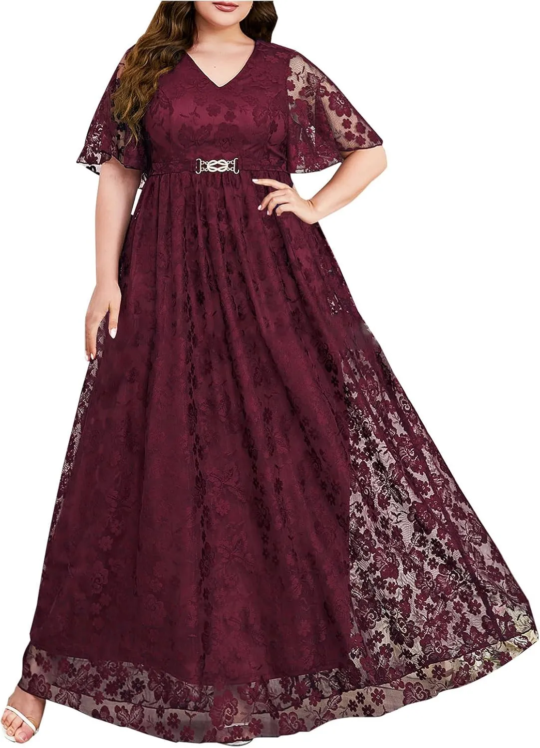 Women's Plus Size Lace Dresses V Neck Formal Dresses Evening Gowns Wedding Guest Embroidery Prom Long Dress