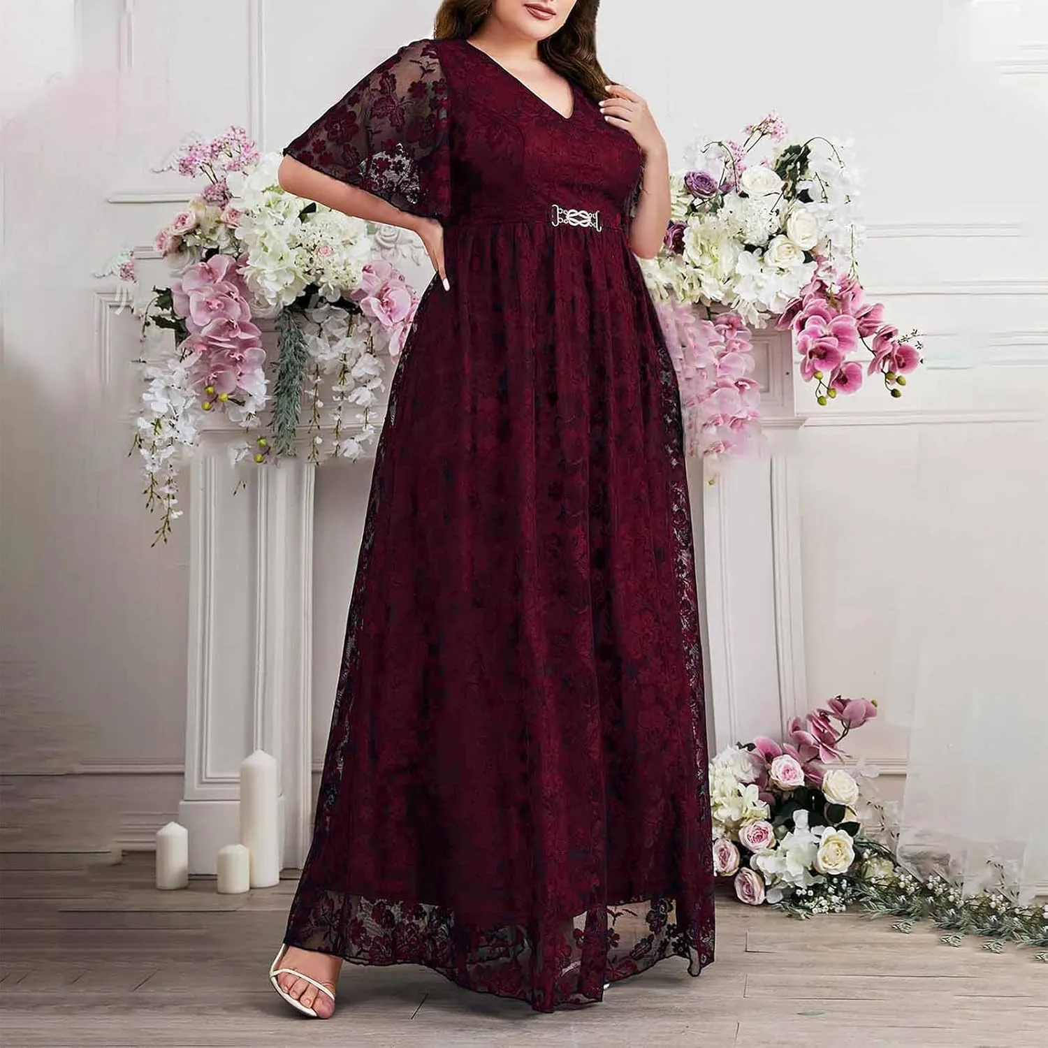 Women's Plus Size Lace Dresses V Neck Formal Dresses Evening Gowns Wedding Guest Embroidery Prom Long Dress
