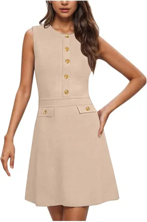Women's Sleeveless A-Line Dress 2025 Summer Button Elegant Mini Dresses Slim Wear to Work Business Office Dress